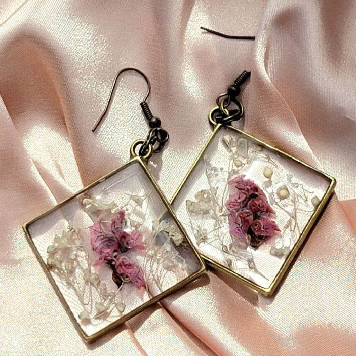 Handmade Elegant Maroon Limonium Earring, Big Statement Dangle, Everlasting Flower Jewelry