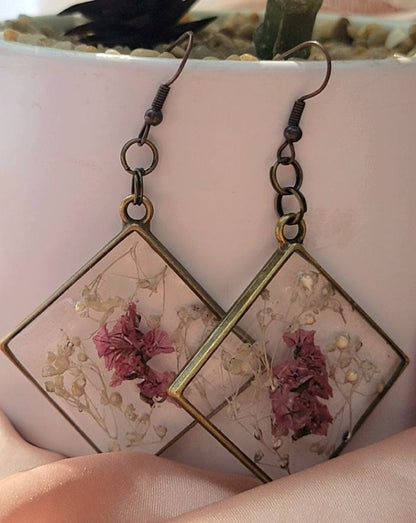 Handmade Elegant Maroon Limonium Earring, Big Statement Dangle, Everlasting Flower Jewelry