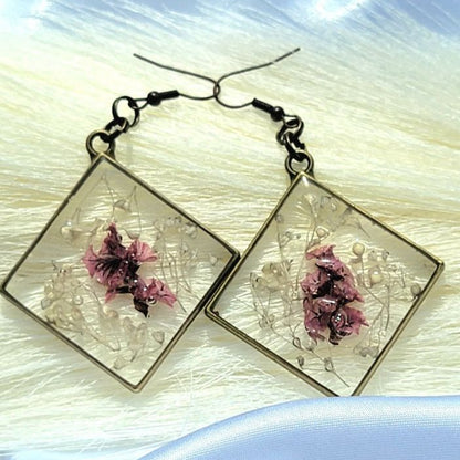 Handmade Elegant Maroon Limonium Earring, Big Statement Dangle, Everlasting Flower Jewelry