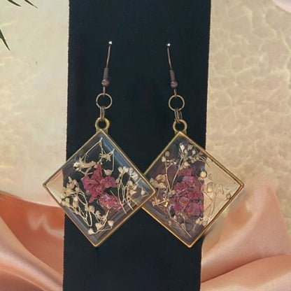 Handmade Elegant Maroon Limonium Earring, Big Statement Dangle, Everlasting Flower Jewelry