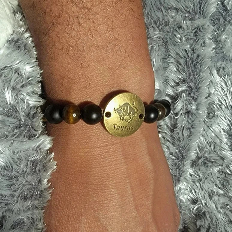 Timeless Handcrafted Zodiac Sign Bracelet, Celestial Fashion Meets Cosmic Charm, Earth-Toned Beads w/ Matte Onyx, Mystic Vibes