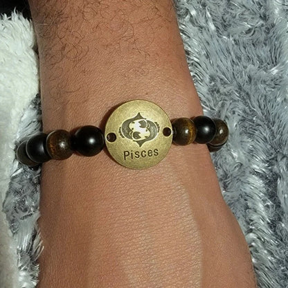 Timeless Handcrafted Zodiac Sign Bracelet, Celestial Fashion Meets Cosmic Charm, Earth-Toned Beads w/ Matte Onyx, Mystic Vibes