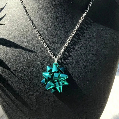 Metallic Blue Bow Necklace, Bluish Green Christmas Ribbon Pendant