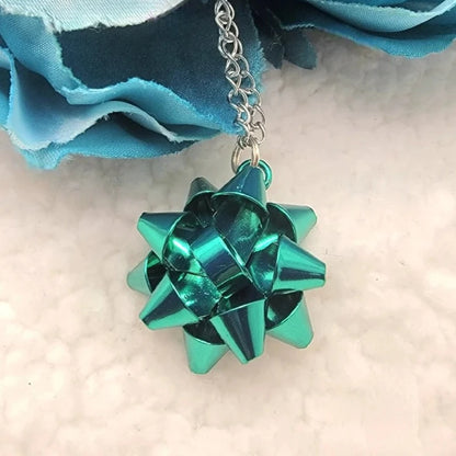 Metallic Blue Bow Necklace, Bluish Green Christmas Ribbon Pendant