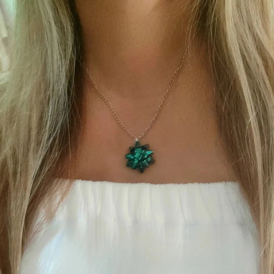 Metallic Blue Bow Necklace, Bluish Green Christmas Ribbon Pendant