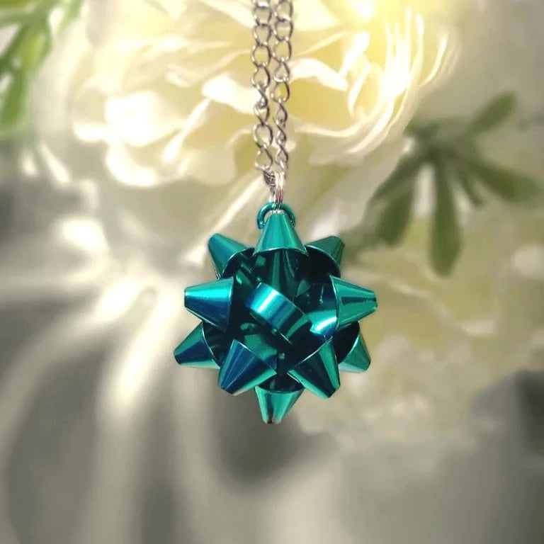 Metallic Blue Bow Necklace, Bluish Green Christmas Ribbon Pendant