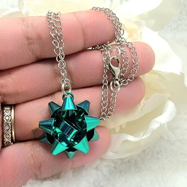 Metallic Blue Bow Necklace, Bluish Green Christmas Ribbon Pendant