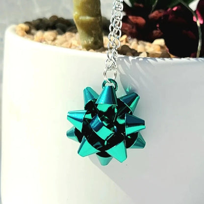 Metallic Blue Bow Necklace, Bluish Green Christmas Ribbon Pendant