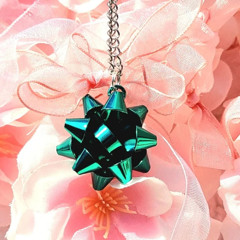 Metallic Blue Bow Necklace, Bluish Green Christmas Ribbon Pendant