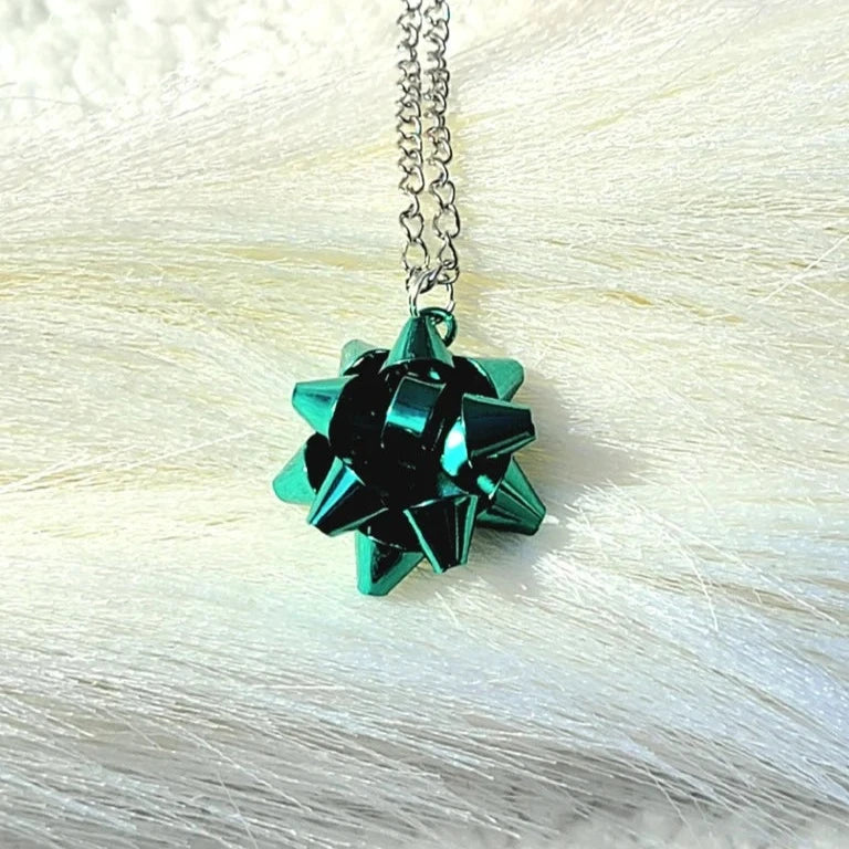 Metallic Blue Bow Necklace, Bluish Green Christmas Ribbon Pendant