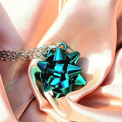 Metallic Blue Bow Necklace, Bluish Green Christmas Ribbon Pendant