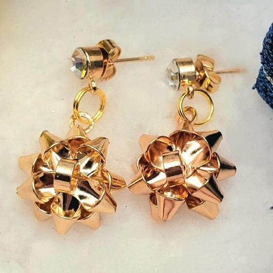 Metallic Gold Bow Earring, Festive Golden Ribbon Dangle