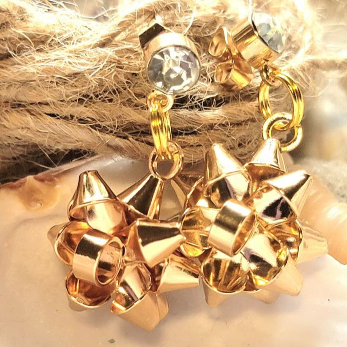 Metallic Gold Bow Earring, Festive Golden Ribbon Dangle