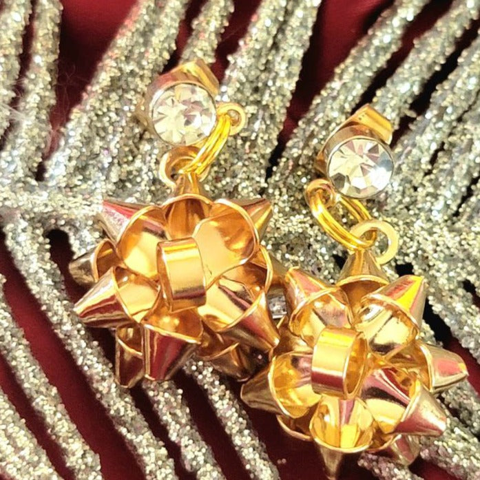 Metallic Gold Bow Earring, Festive Golden Ribbon Dangle