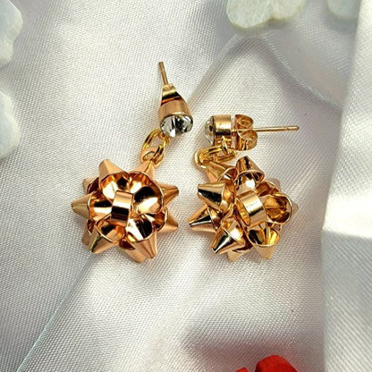 Metallic Gold Bow Earring, Festive Golden Ribbon Dangle