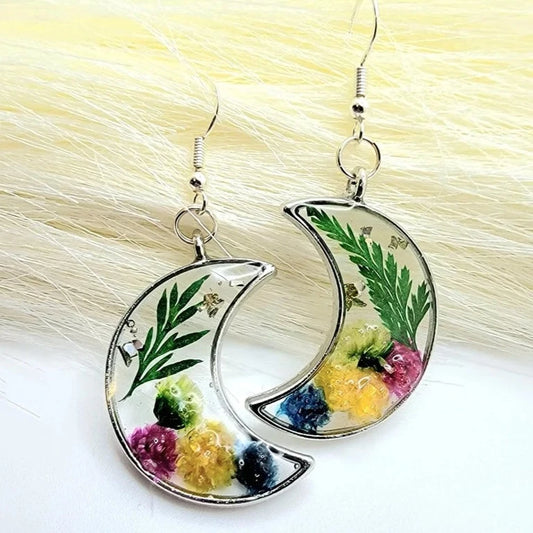 Mini Carnation Resin Earrings, Crescent Moon Silver Pendant Dangle