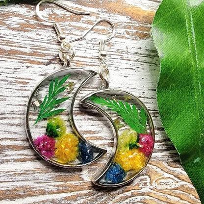 Mini Carnation Resin Earrings, Crescent Moon Silver Pendant Dangle