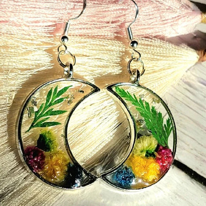 Mini Carnation Resin Earrings, Crescent Moon Silver Pendant Dangle