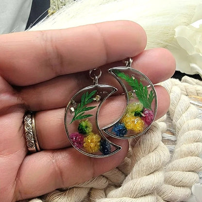 Mini Carnation Resin Earrings, Crescent Moon Silver Pendant Dangle