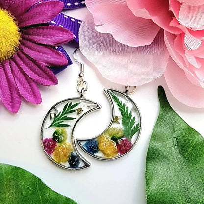 Mini Carnation Resin Earrings, Crescent Moon Silver Pendant Dangle