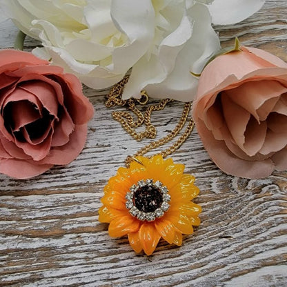 Vibrant Orange Gerbera Daisy Rhinestone Necklace, Happiness Symbol, Joyful Jewelry, Gift for Nature Lover, Sunshine & Positivity Pendant