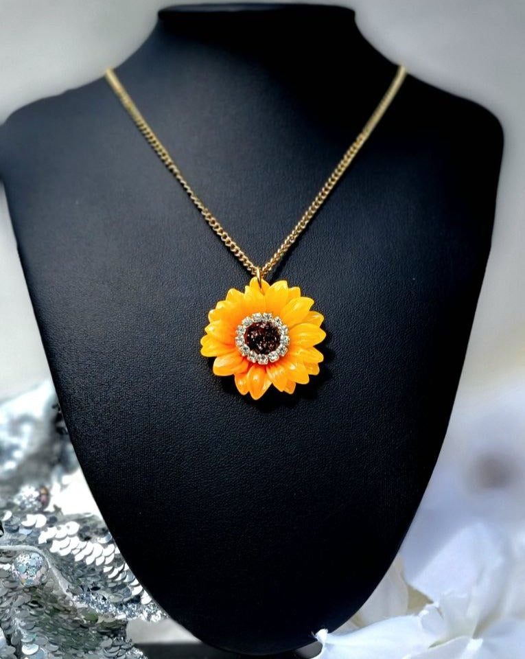 Vibrant Orange Gerbera Daisy Rhinestone Necklace, Happiness Symbol, Joyful Jewelry, Gift for Nature Lover, Sunshine & Positivity Pendant