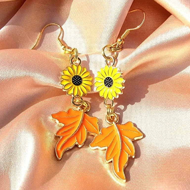 Vibrant Orange Maple Leaf & Yellow Sunflower Dangle Earring, Elegant Autumn Dangle, Classy Fall Fashion