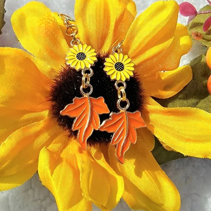 Vibrant Orange Maple Leaf & Yellow Sunflower Dangle Earring, Elegant Autumn Dangle, Classy Fall Fashion