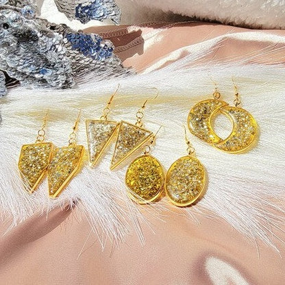 Glistening Gold Dust Earrings, Movie Star Dangle, Sparkling Gold Pendants