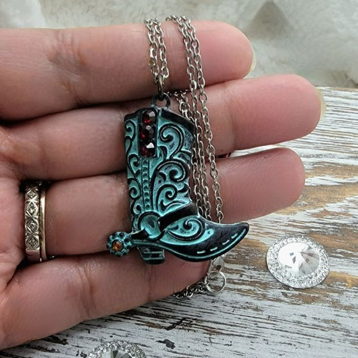 Patina Cowboy Boot Jeweled Necklace, Western Cowgirl Pendant, Country Style Fashion Jewelry