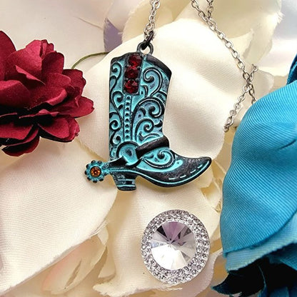 Patina Cowboy Boot Jeweled Necklace, Western Cowgirl Pendant, Country Style Fashion Jewelry