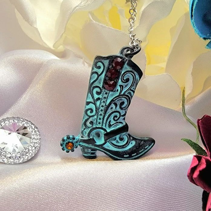 Patina Cowboy Boot Jeweled Necklace, Western Cowgirl Pendant, Country Style Fashion Jewelry