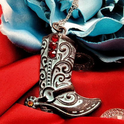 Patina Cowboy Boot Jeweled Necklace, Western Cowgirl Pendant, Country Style Fashion Jewelry