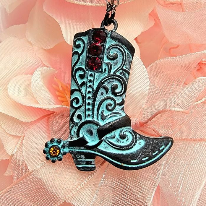 Patina Cowboy Boot Jeweled Necklace, Western Cowgirl Pendant, Country Style Fashion Jewelry