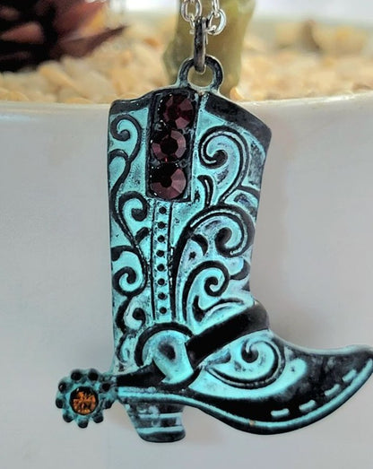 Patina Cowboy Boot Jeweled Necklace, Western Cowgirl Pendant, Country Style Fashion Jewelry