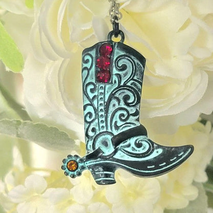 Patina Cowboy Boot Jeweled Necklace, Western Cowgirl Pendant, Country Style Fashion Jewelry