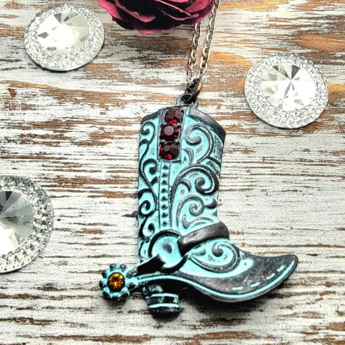 Patina Cowboy Boot Jeweled Necklace, Western Cowgirl Pendant, Country Style Fashion Jewelry