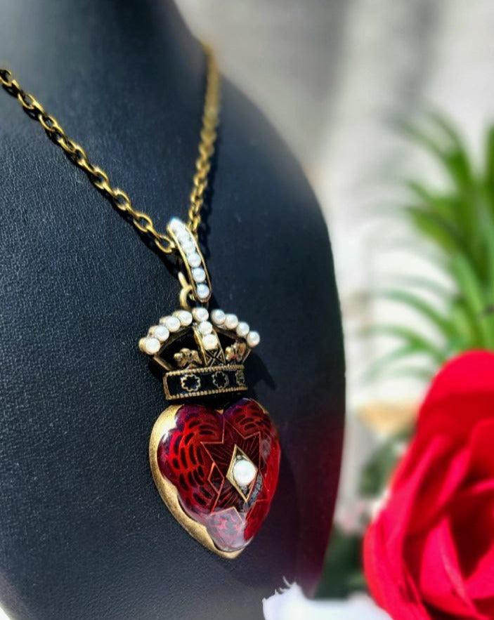 Pearl Studded Crowned Red Heart Necklace, Vintage-Themed Gothic Aesthetic Elegance