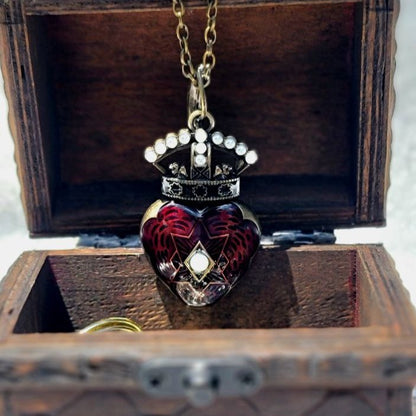 Pearl Studded Crowned Red Heart Necklace, Vintage-Themed Gothic Aesthetic Elegance