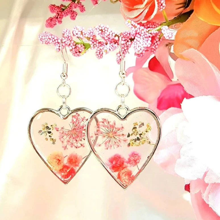 Pink Flowers in Silver Heart Earrings, Real Carnations Dangle, Pink Baby's Breath Accent Drop, Nature-Inspired Bridal Accessory