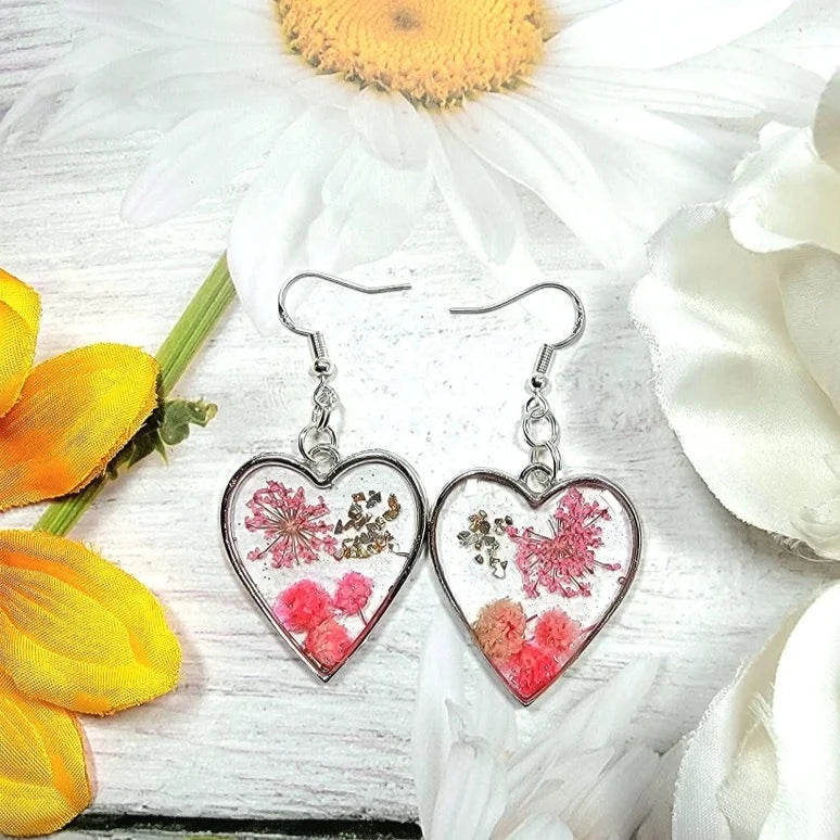 Pink Flowers in Silver Heart Earrings, Real Carnations Dangle, Pink Baby's Breath Accent Drop, Nature-Inspired Bridal Accessory