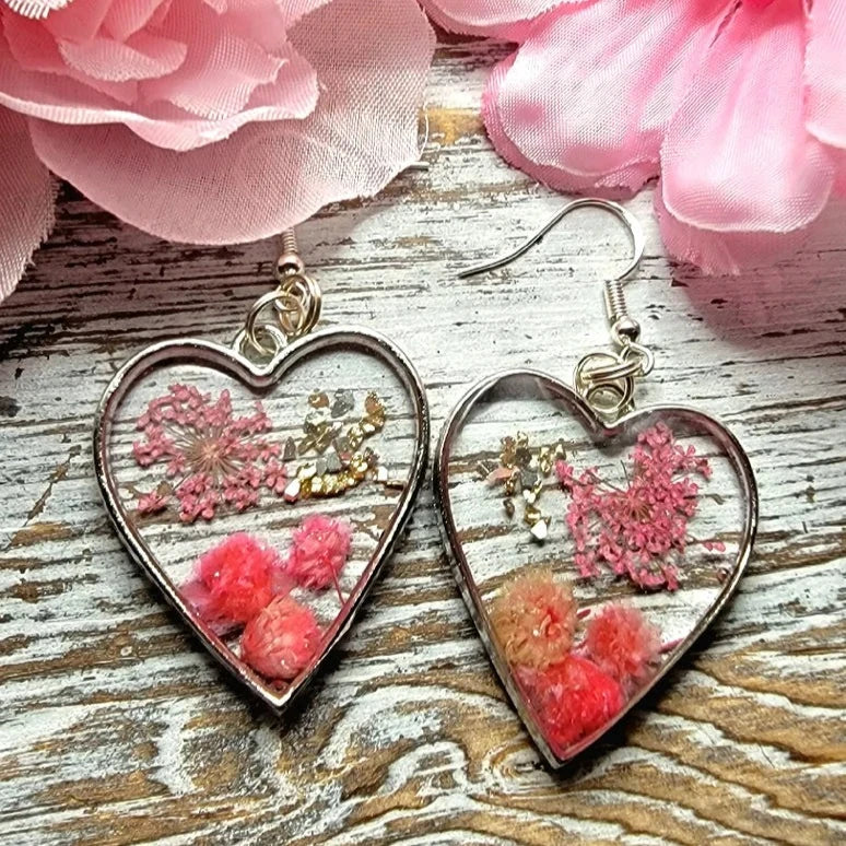 Pink Flowers in Silver Heart Earrings, Real Carnations Dangle, Pink Baby's Breath Accent Drop, Nature-Inspired Bridal Accessory