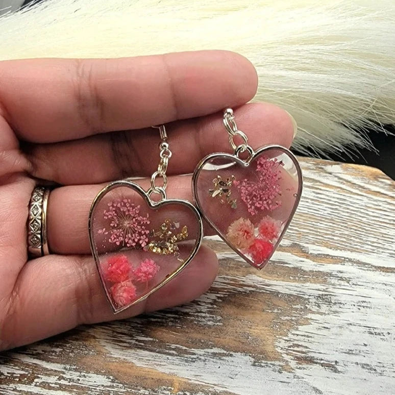 Pink Flowers in Silver Heart Earrings, Real Carnations Dangle, Pink Baby's Breath Accent Drop, Nature-Inspired Bridal Accessory