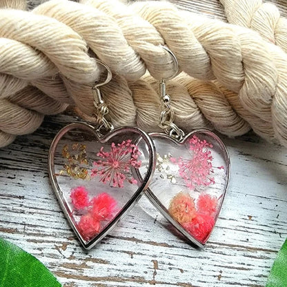 Pink Flowers in Silver Heart Earrings, Real Carnations Dangle, Pink Baby's Breath Accent Drop, Nature-Inspired Bridal Accessory