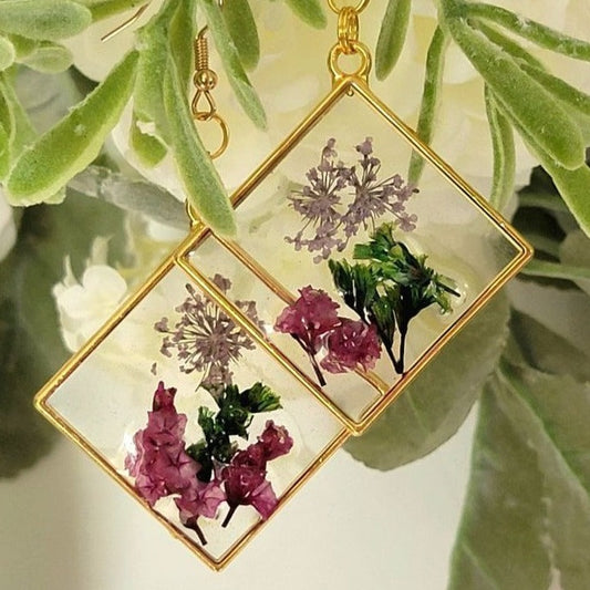 Pink Flowers Statement Earring, Artful Garden Bloom Big Dangle, Naturally Preserved Flower Statement Earring