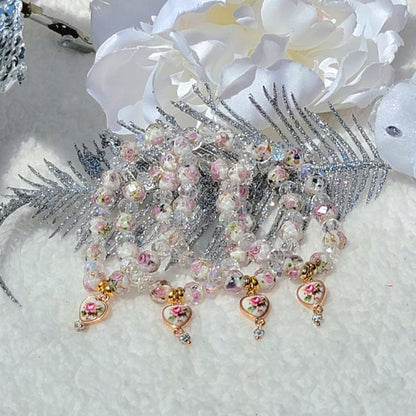 Pulsera de cristal rosa hecha a mano, elegante regalo de dama de honor, accesorio romántico con cuentas florales, joyería nupcial con encanto vintage