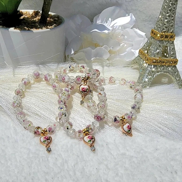 Pulsera de cristal rosa hecha a mano, elegante regalo de dama de honor, accesorio romántico con cuentas florales, joyería nupcial con encanto vintage