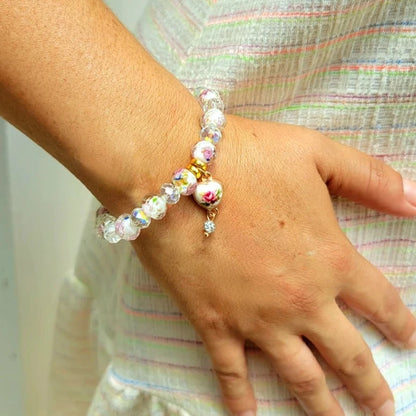 Pulsera de cristal rosa hecha a mano, elegante regalo de dama de honor, accesorio romántico con cuentas florales, joyería nupcial con encanto vintage