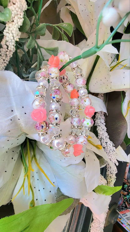 Pulsera de cristal con patrón de rosa de arte elegante, joyería de diseñador hecha a mano para novias, joyería de playa Boho, vidrio fundido, novia moderna