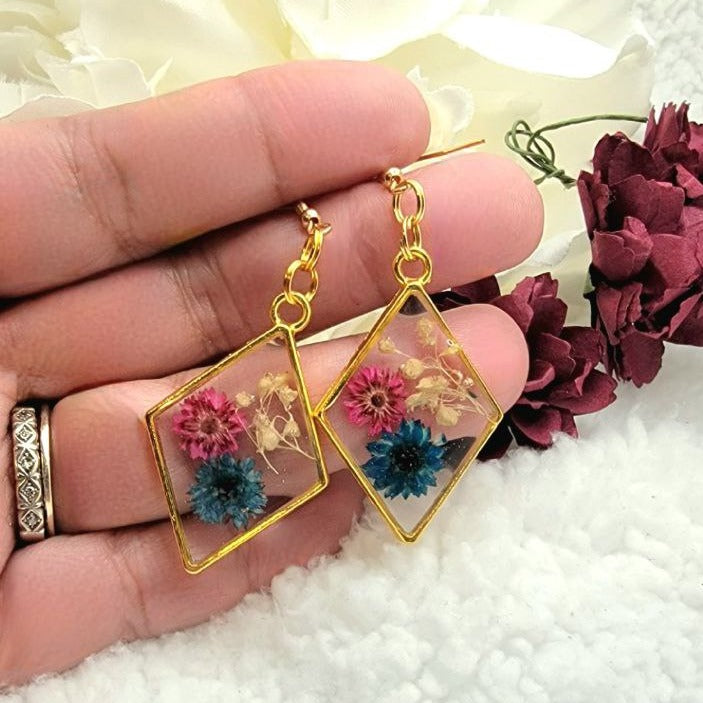 Nature Inspired Pink &  Blue Real Flowers Earrings, Botanical Dangle, Unique Statement Drop Earring